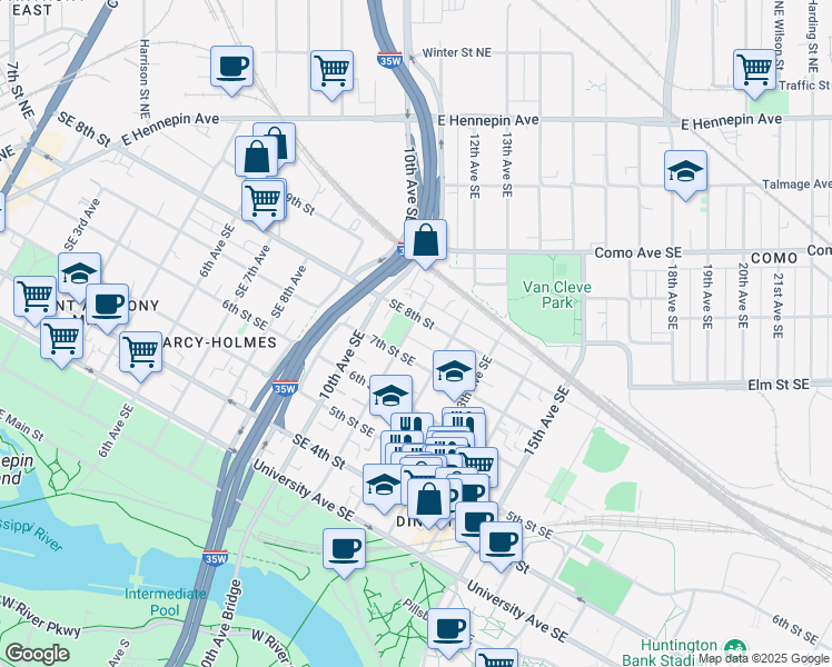 map of restaurants, bars, coffee shops, grocery stores, and more near 1109 Southeast 7th Street in Minneapolis