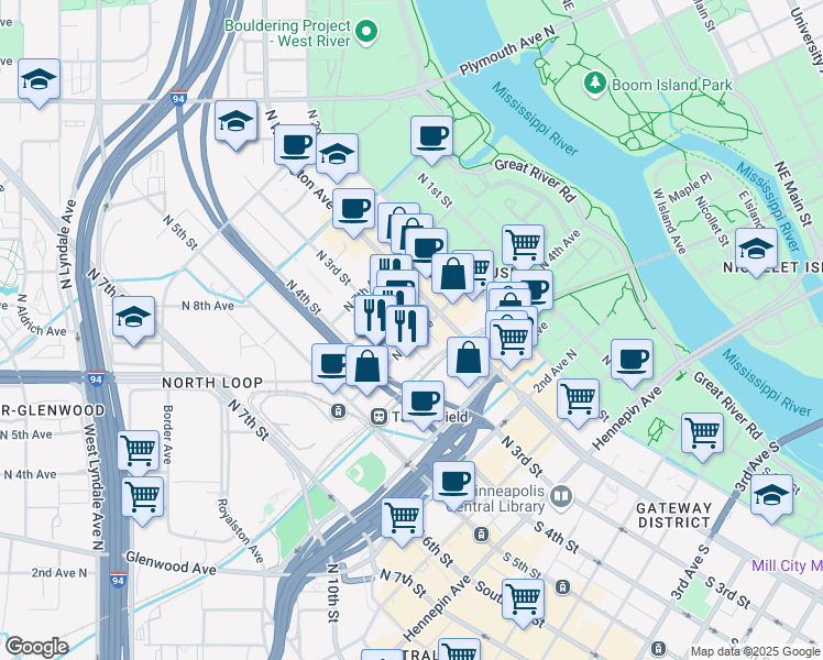 map of restaurants, bars, coffee shops, grocery stores, and more near 401 North 3rd Street in Minneapolis