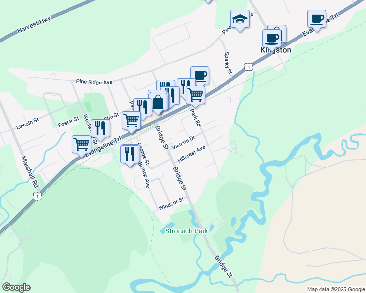 map of restaurants, bars, coffee shops, grocery stores, and more near 560 Victoria Drive in Kingston