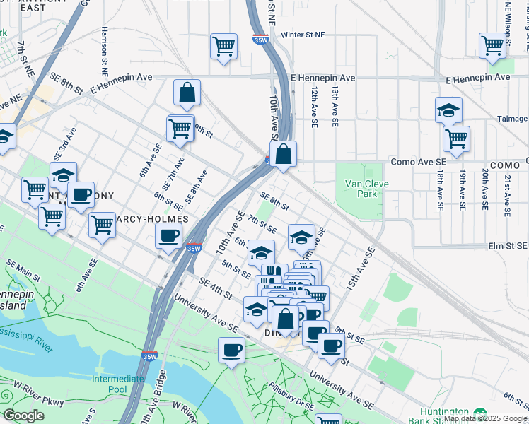 map of restaurants, bars, coffee shops, grocery stores, and more near 1199 SE 7th St in Minneapolis