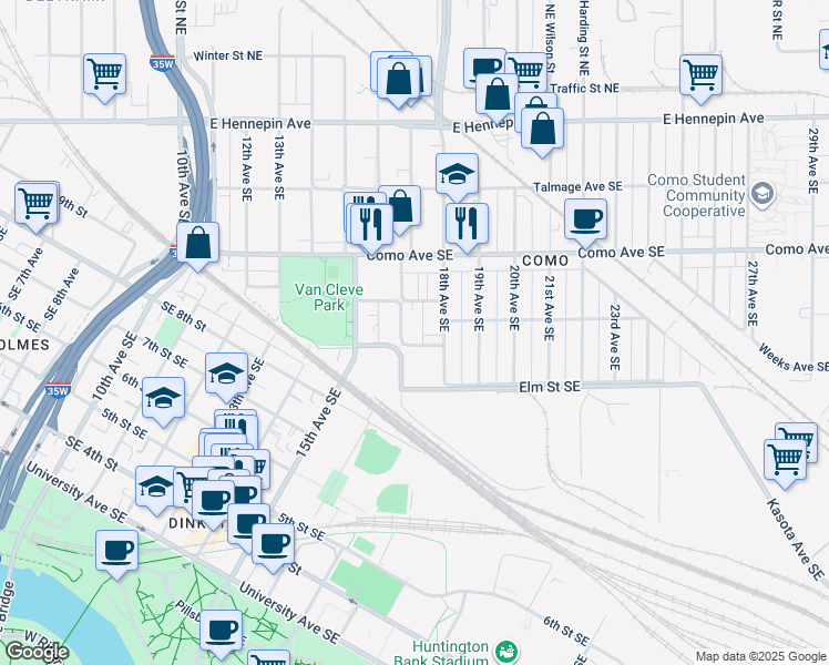 map of restaurants, bars, coffee shops, grocery stores, and more near 918 17th Avenue Southeast in Minneapolis
