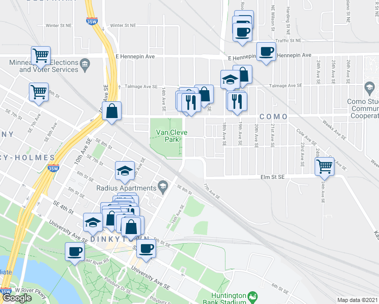 map of restaurants, bars, coffee shops, grocery stores, and more near 1600 Rollins Avenue Southeast in Minneapolis