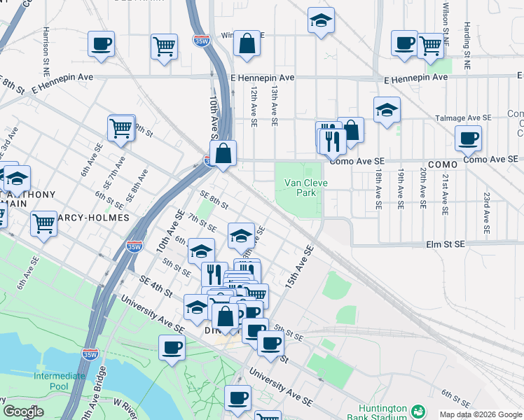 map of restaurants, bars, coffee shops, grocery stores, and more near 800 13th Avenue Southeast in Minneapolis