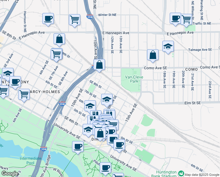 map of restaurants, bars, coffee shops, grocery stores, and more near 716 12th Avenue Southeast in Minneapolis