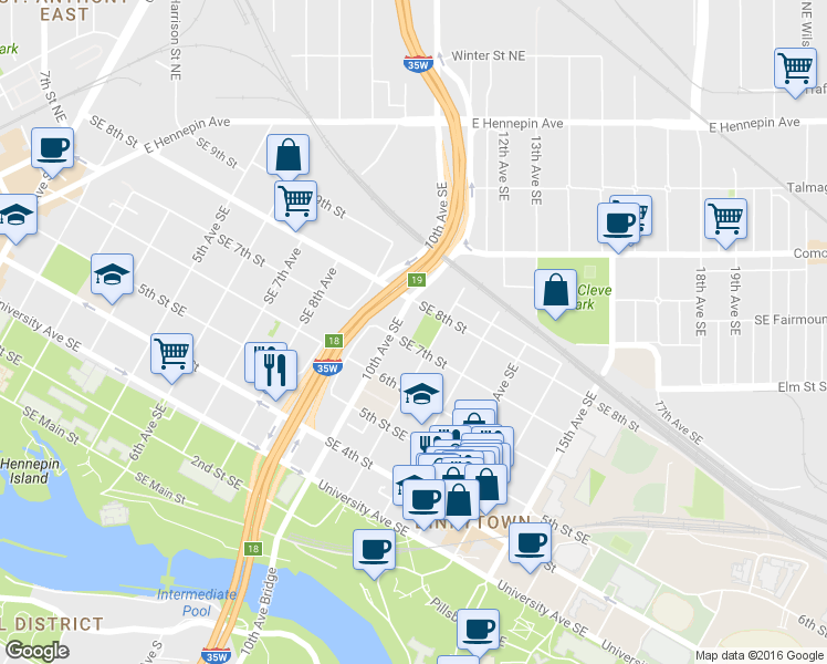 map of restaurants, bars, coffee shops, grocery stores, and more near 1016 Southeast 7th Street in Minneapolis