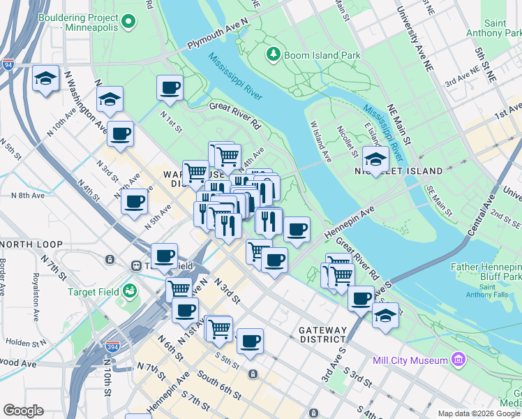 map of restaurants, bars, coffee shops, grocery stores, and more near 200 North 2nd Street in Minneapolis