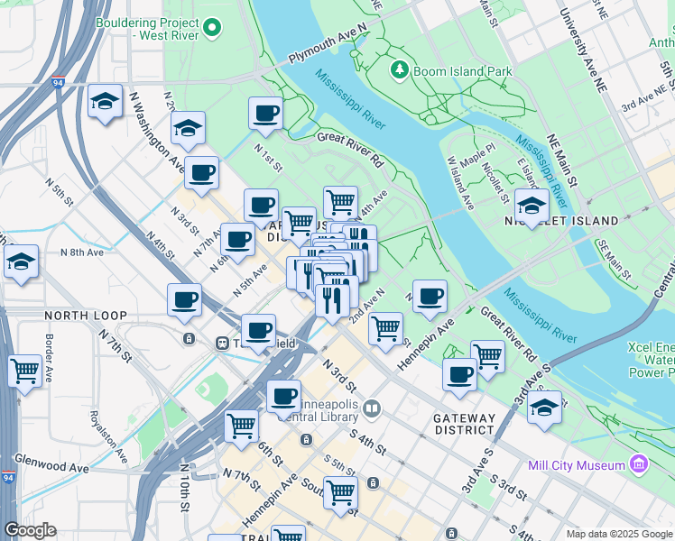 map of restaurants, bars, coffee shops, grocery stores, and more near 223 North 2nd Street in Minneapolis