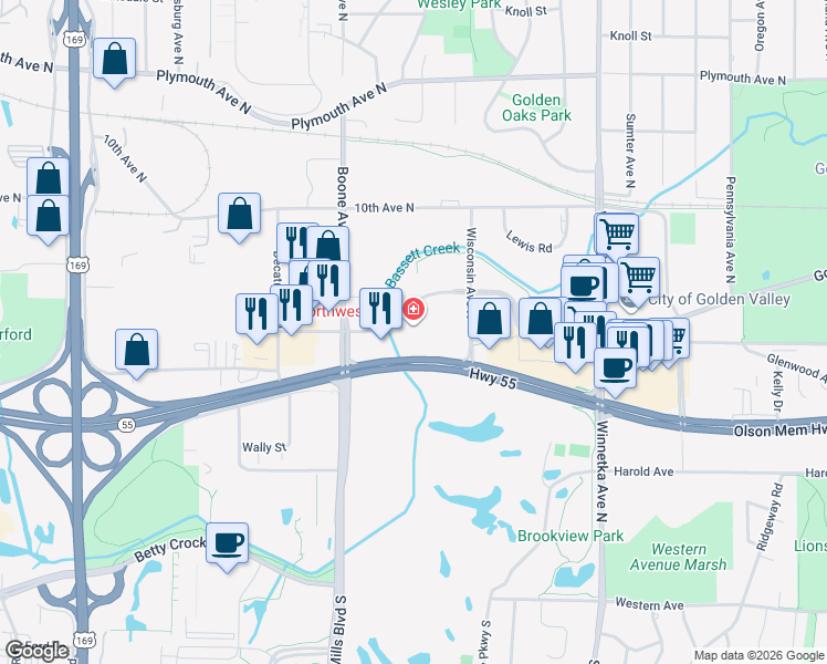 map of restaurants, bars, coffee shops, grocery stores, and more near 8650-8820 Olson Memorial Highway in Golden Valley