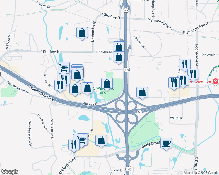 map of restaurants, bars, coffee shops, grocery stores, and more near 505 U.S. 169 in Plymouth