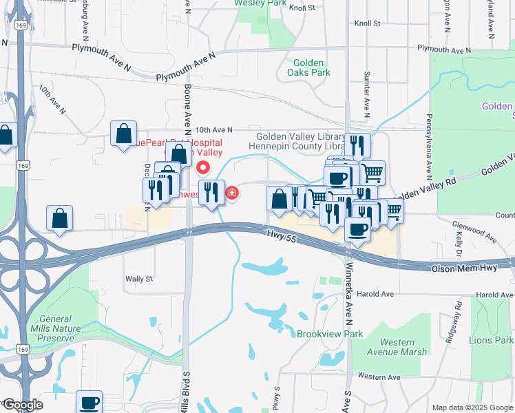 map of restaurants, bars, coffee shops, grocery stores, and more near 8301 Golden Valley Road in Minneapolis
