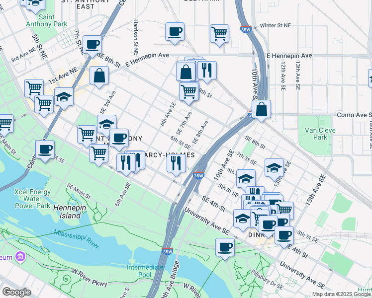 map of restaurants, bars, coffee shops, grocery stores, and more near 500 Southeast 8th Avenue in Minneapolis