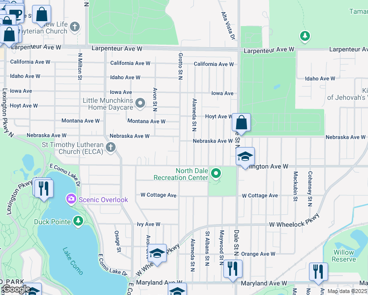 map of restaurants, bars, coffee shops, grocery stores, and more near 1507 Alameda Street North in Saint Paul