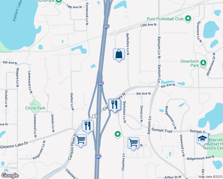 map of restaurants, bars, coffee shops, grocery stores, and more near Carlson Parkway in Minneapolis