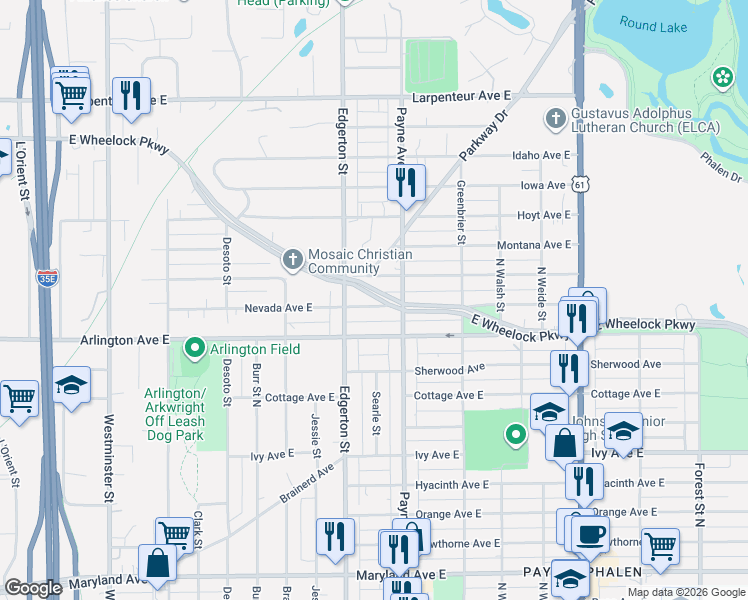 map of restaurants, bars, coffee shops, grocery stores, and more near 601 East Wheelock Parkway in Saint Paul