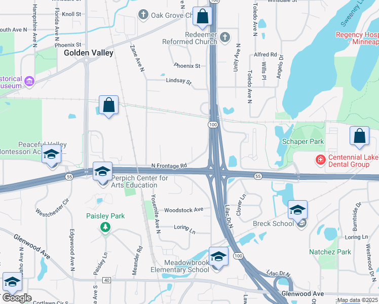 map of restaurants, bars, coffee shops, grocery stores, and more near 5612 Olson Memorial Highway in Minneapolis