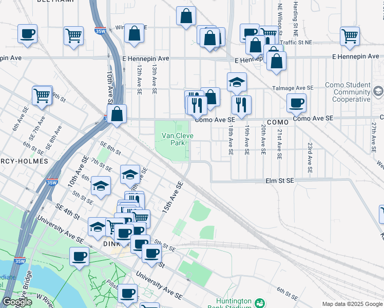 map of restaurants, bars, coffee shops, grocery stores, and more near 1514 Southeast Brook Avenue in Minneapolis