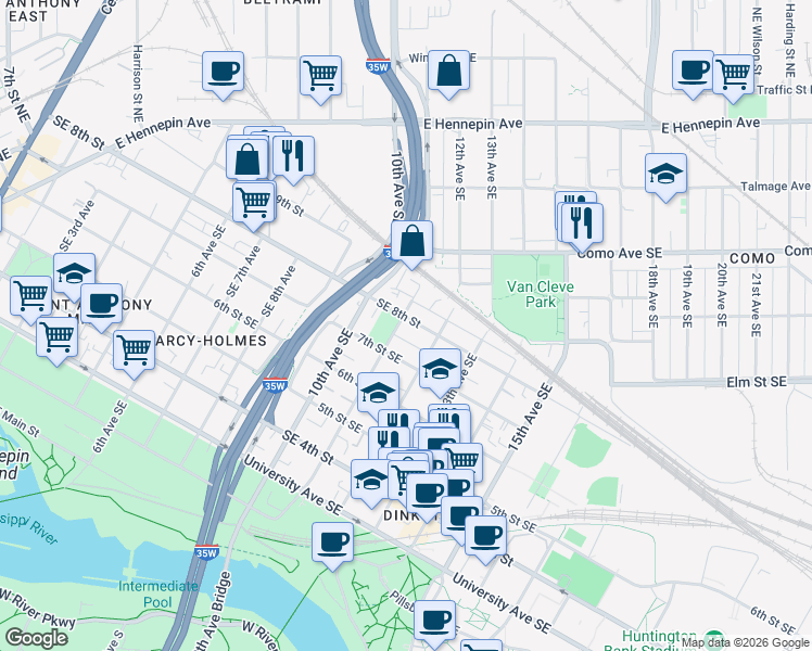 map of restaurants, bars, coffee shops, grocery stores, and more near 1015 Southeast 8th Street in Minneapolis