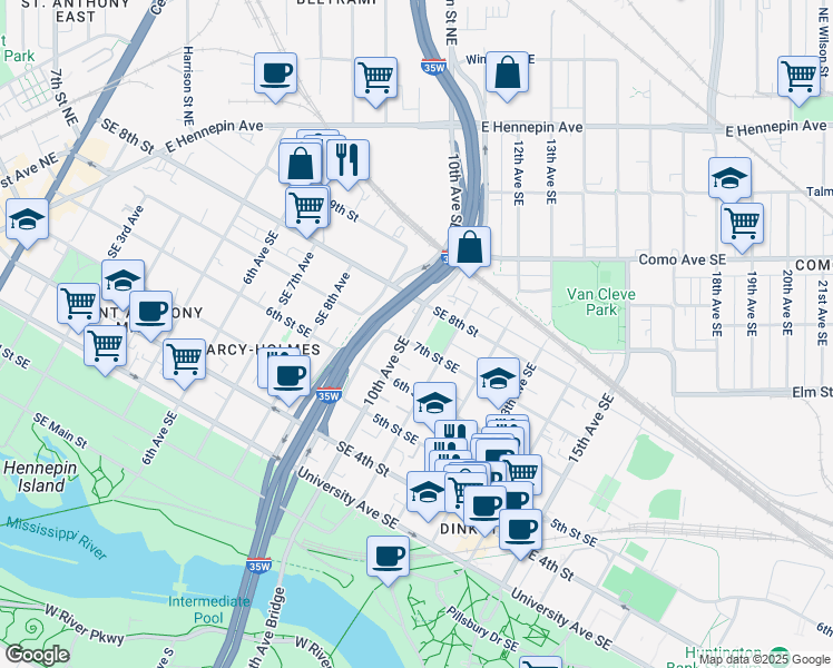 map of restaurants, bars, coffee shops, grocery stores, and more near in Minneapolis