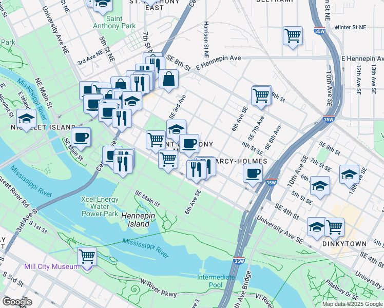 map of restaurants, bars, coffee shops, grocery stores, and more near 400 4th Avenue Southeast in Minneapolis
