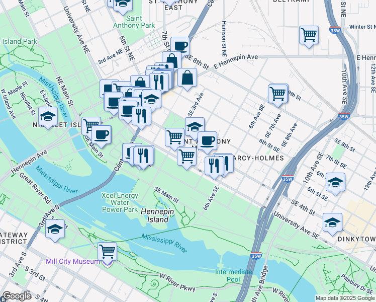 map of restaurants, bars, coffee shops, grocery stores, and more near in Minneapolis