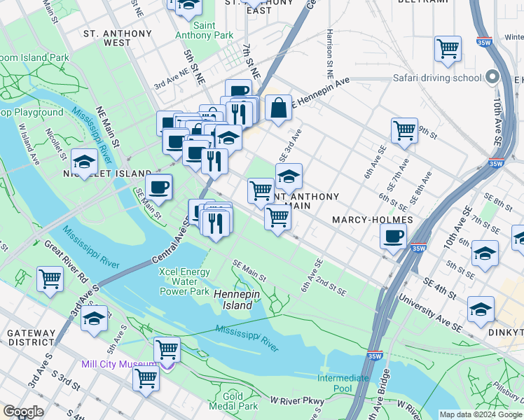 map of restaurants, bars, coffee shops, grocery stores, and more near 335 Southeast 3rd Avenue in Minneapolis