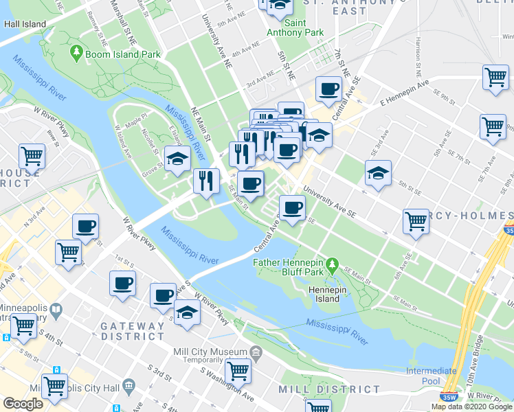 map of restaurants, bars, coffee shops, grocery stores, and more near 1 Southeast Main Street in Minneapolis