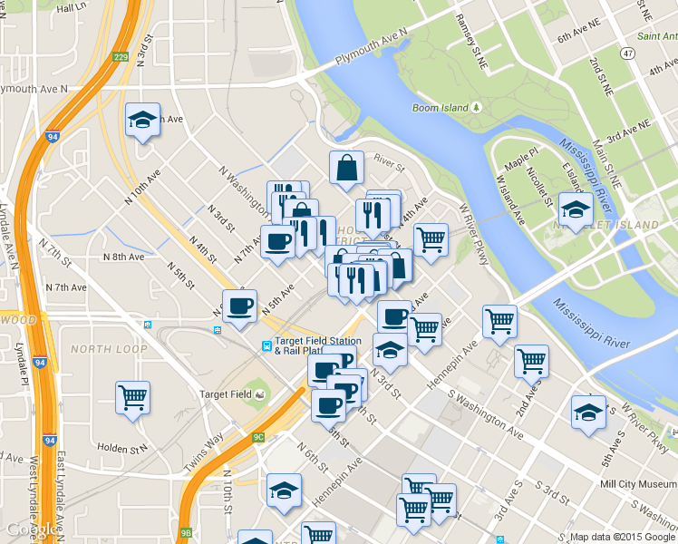 map of restaurants, bars, coffee shops, grocery stores, and more near in Minneapolis