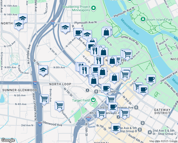 map of restaurants, bars, coffee shops, grocery stores, and more near 710 North 4th Street in Minneapolis
