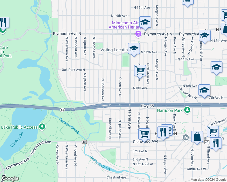 map of restaurants, bars, coffee shops, grocery stores, and more near 810 Russell Avenue North in Minneapolis