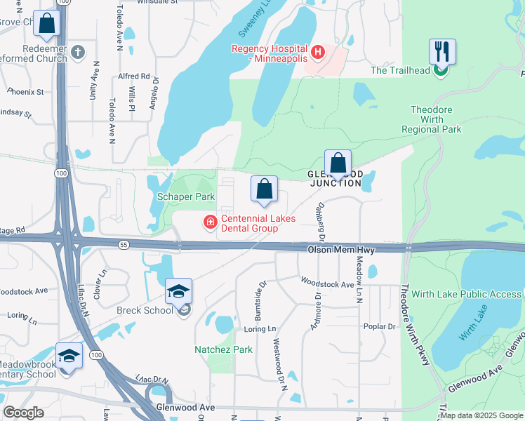 map of restaurants, bars, coffee shops, grocery stores, and more near 4696 Olson Memorial Highway in Golden Valley