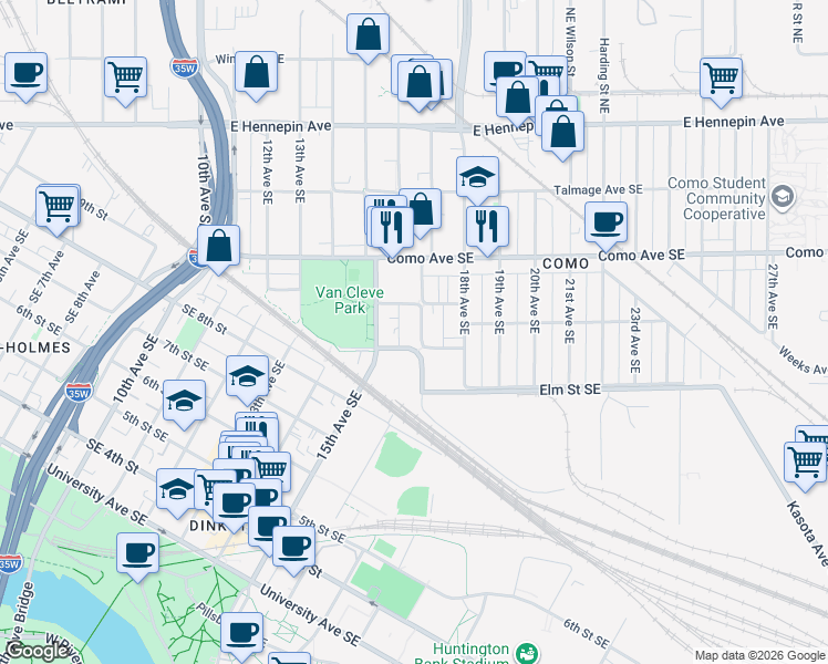 map of restaurants, bars, coffee shops, grocery stores, and more near 937 17th Avenue Southeast in Minneapolis