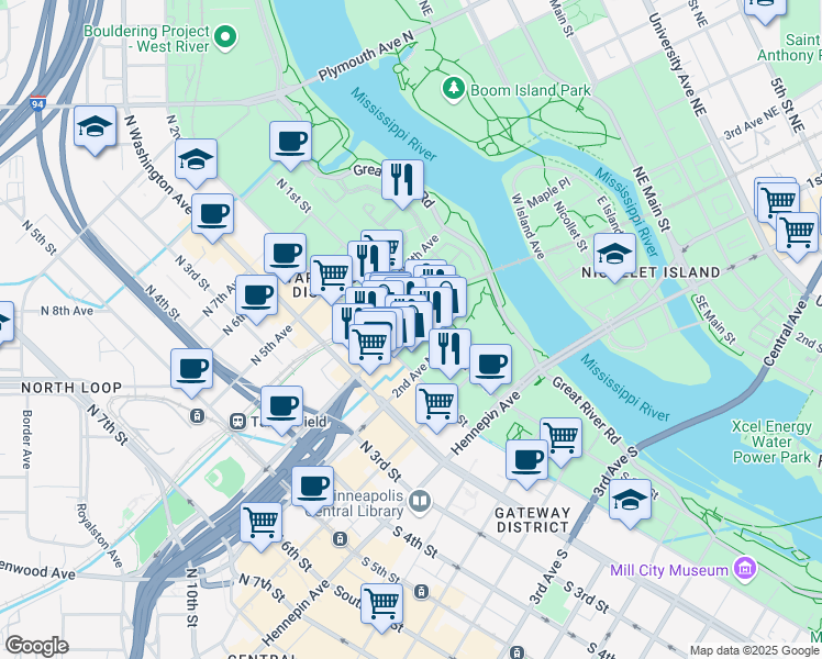 map of restaurants, bars, coffee shops, grocery stores, and more near 300 1/2 North 1st Avenue in Minneapolis
