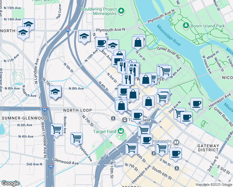 map of restaurants, bars, coffee shops, grocery stores, and more near 315 North 7th Avenue in Minneapolis