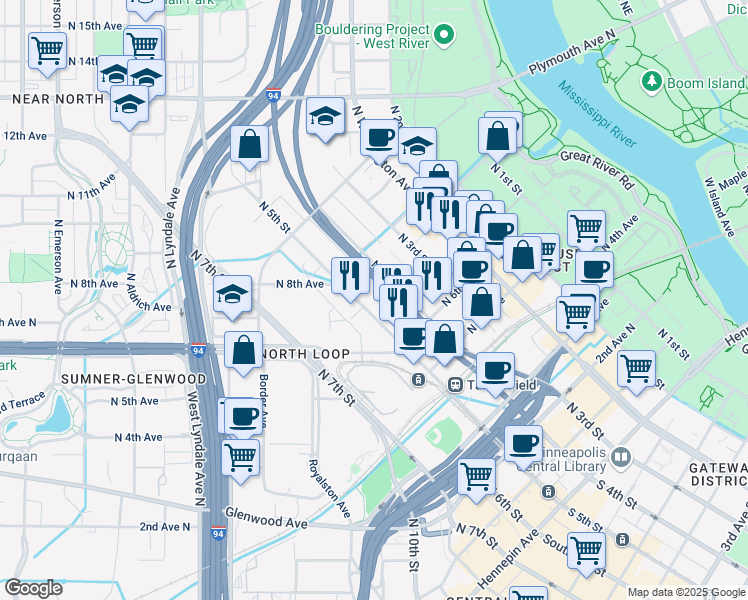 map of restaurants, bars, coffee shops, grocery stores, and more near 7 North 4th Street in Minneapolis