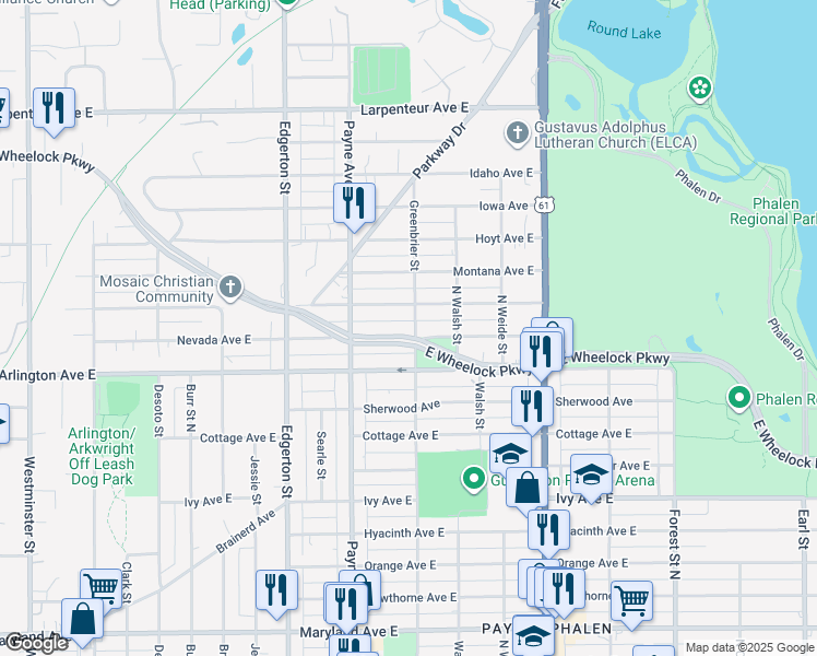 map of restaurants, bars, coffee shops, grocery stores, and more near 680 Nebraska Avenue East in Saint Paul