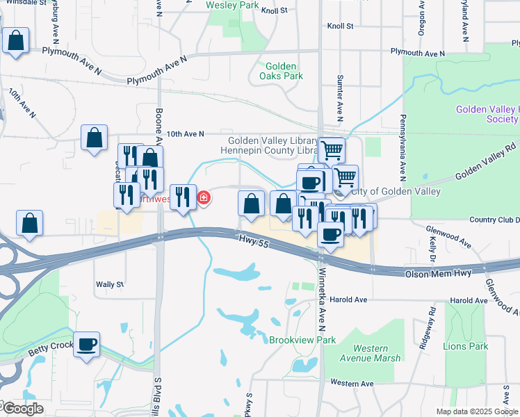 map of restaurants, bars, coffee shops, grocery stores, and more near 8200 Golden Valley Road in Minneapolis