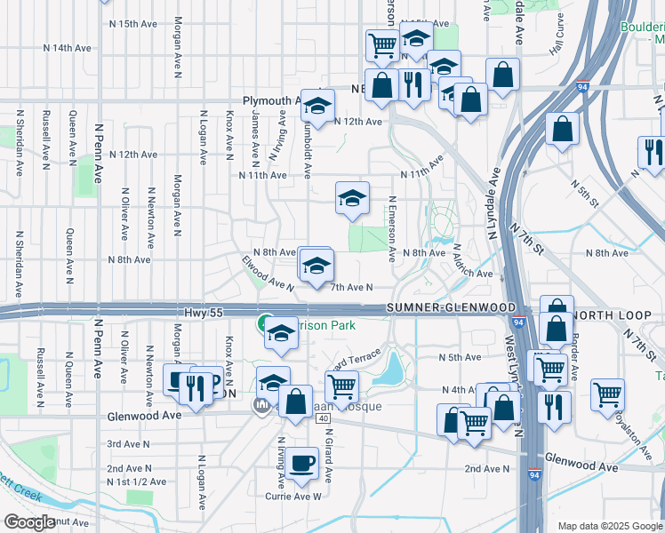 map of restaurants, bars, coffee shops, grocery stores, and more near 700 North Humboldt Avenue in Minneapolis