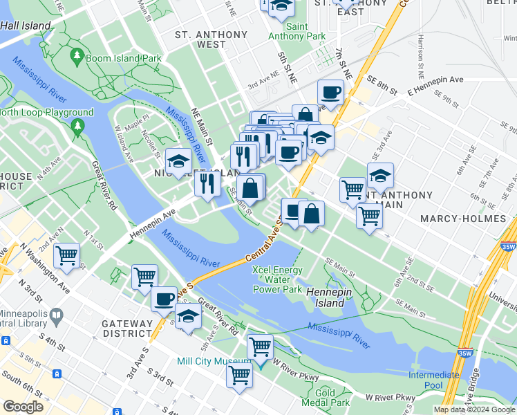 map of restaurants, bars, coffee shops, grocery stores, and more near 1 Southeast Main Street in Minneapolis