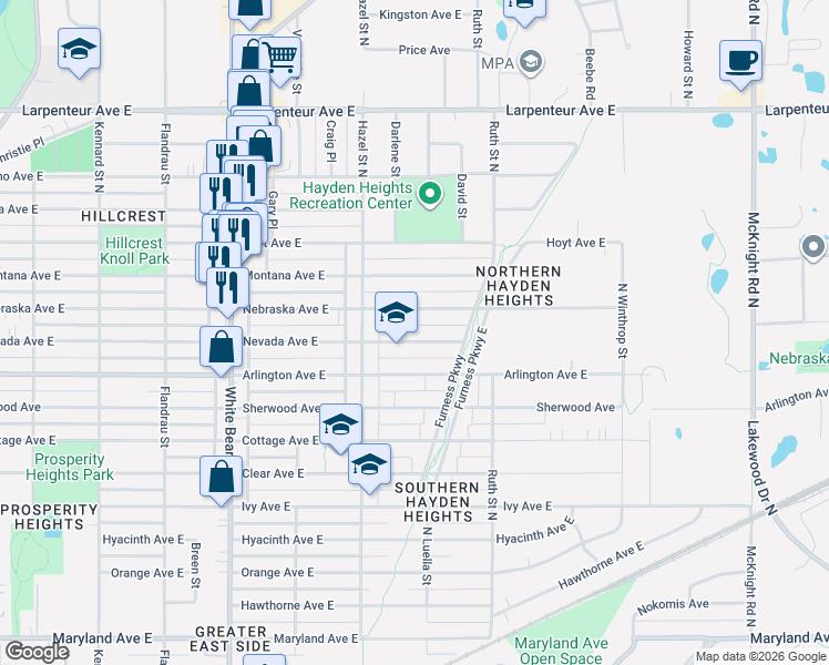 map of restaurants, bars, coffee shops, grocery stores, and more near 1952 Nebraska Avenue East in Saint Paul