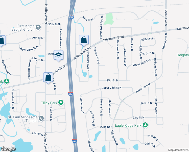 map of restaurants, bars, coffee shops, grocery stores, and more near 2592 Helena Avenue North in Oakdale