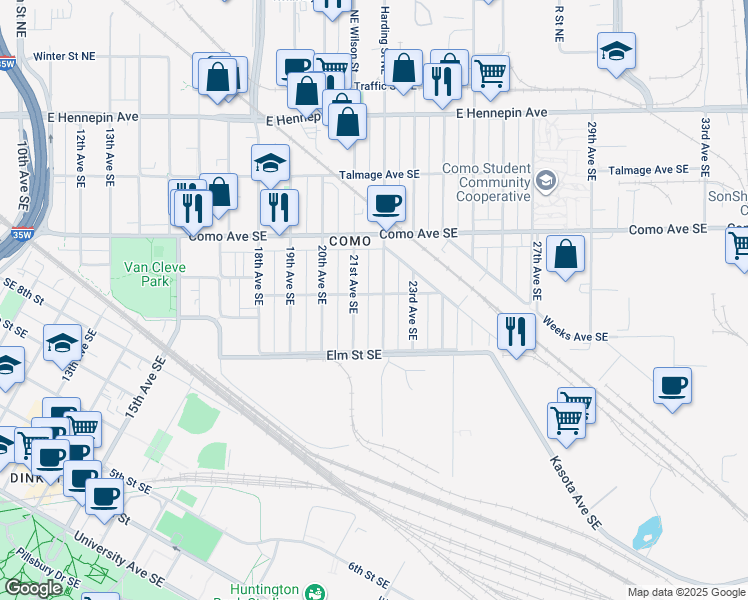 map of restaurants, bars, coffee shops, grocery stores, and more near 893 22nd Avenue Southeast in Minneapolis