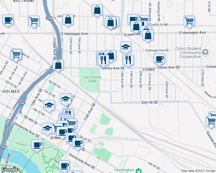 map of restaurants, bars, coffee shops, grocery stores, and more near 1514 Southeast Brook Avenue in Minneapolis