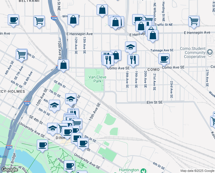 map of restaurants, bars, coffee shops, grocery stores, and more near 1514 Southeast Brook Avenue in Minneapolis