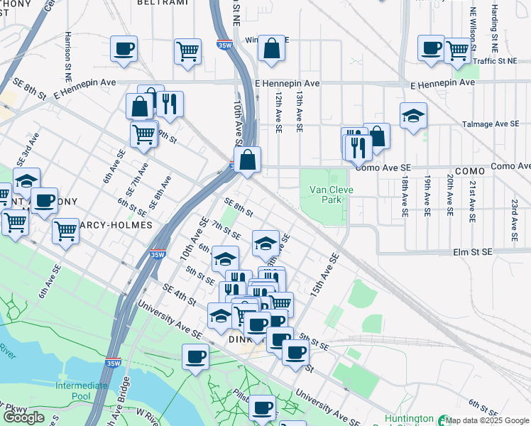 map of restaurants, bars, coffee shops, grocery stores, and more near 822 11th Avenue Southeast in Minneapolis