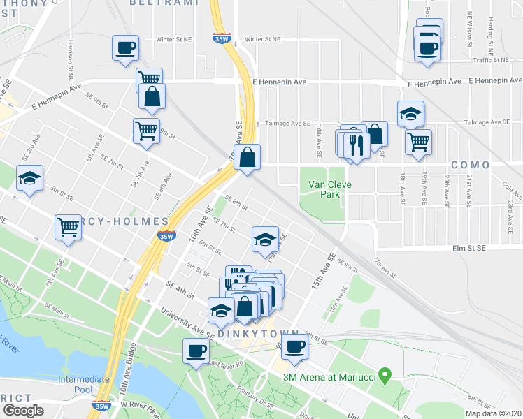 map of restaurants, bars, coffee shops, grocery stores, and more near 822 11th Avenue Southeast in Minneapolis
