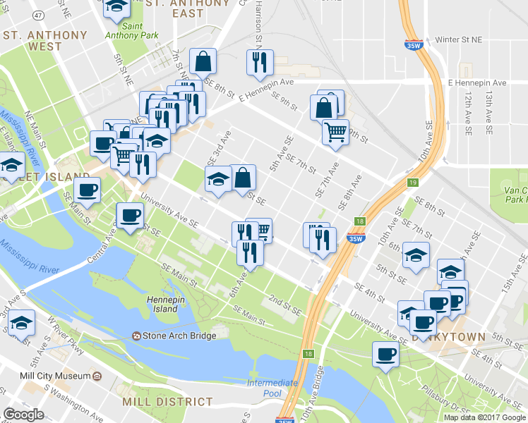 map of restaurants, bars, coffee shops, grocery stores, and more near 501 5th Street Southeast in Minneapolis