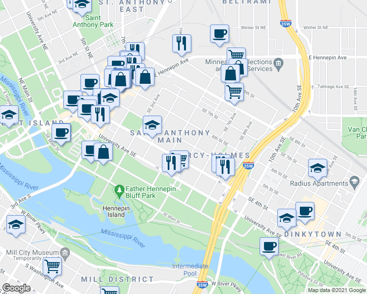 map of restaurants, bars, coffee shops, grocery stores, and more near 501 5th Street Southeast in Minneapolis