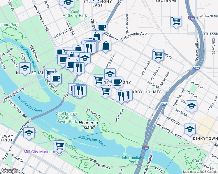 map of restaurants, bars, coffee shops, grocery stores, and more near in Minneapolis