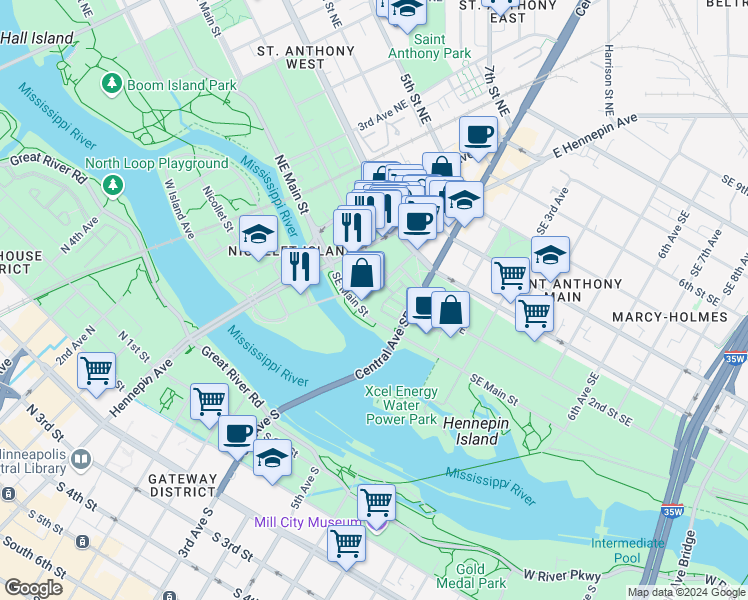 map of restaurants, bars, coffee shops, grocery stores, and more near 1 Southeast Main Street in Minneapolis
