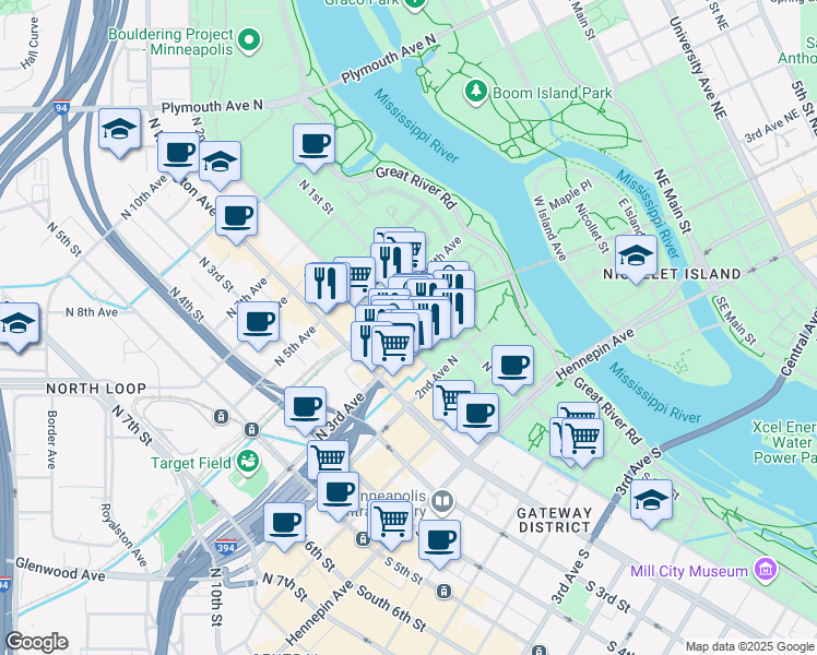 map of restaurants, bars, coffee shops, grocery stores, and more near 111 North 4th Avenue in Minneapolis